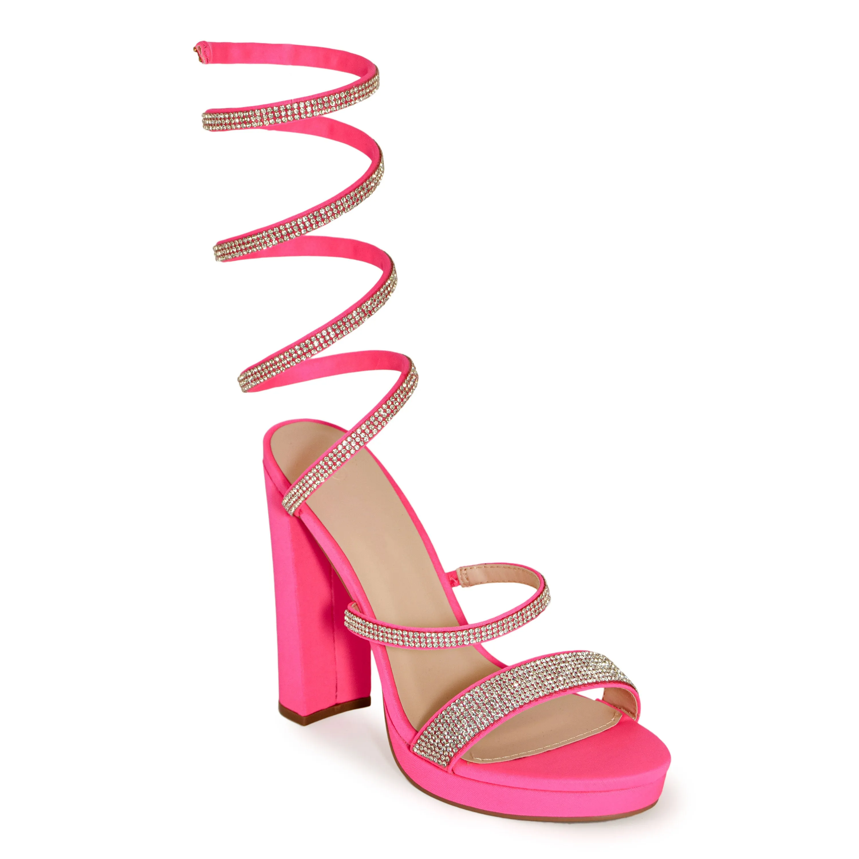 Wild Diva Women's Embelisshed Rhinestone Coil Wrap Around Spiral Ankle Strap Platform Chunky Block Heels