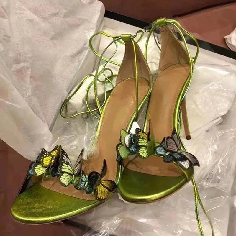 Wjczt New Luxury Design Cross Strap Sandals Women Summer Fashion Butterfly Open Toe Elegant High Heels Wedding Banquet Shoes for Women